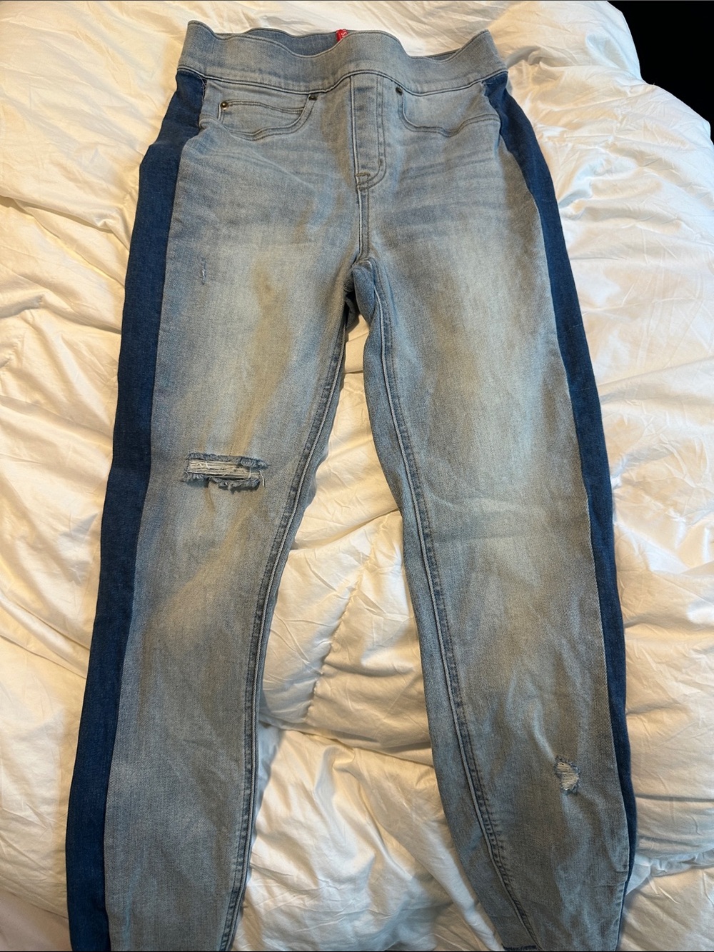 SPANX pull on Two-Tone Light Blue Skinny Jeans with Dark Blue Side Panels